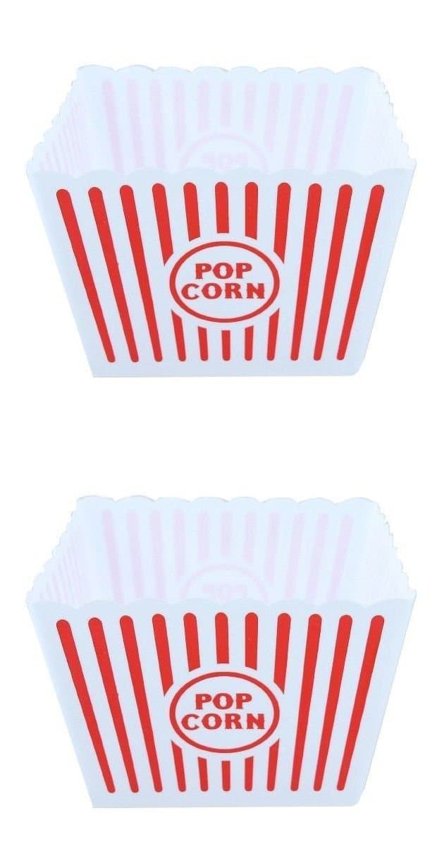 GoPopCorn 2 PCS Large Retro Striped Cinema Design Striped Plastic Popcorn Holder Tub White
