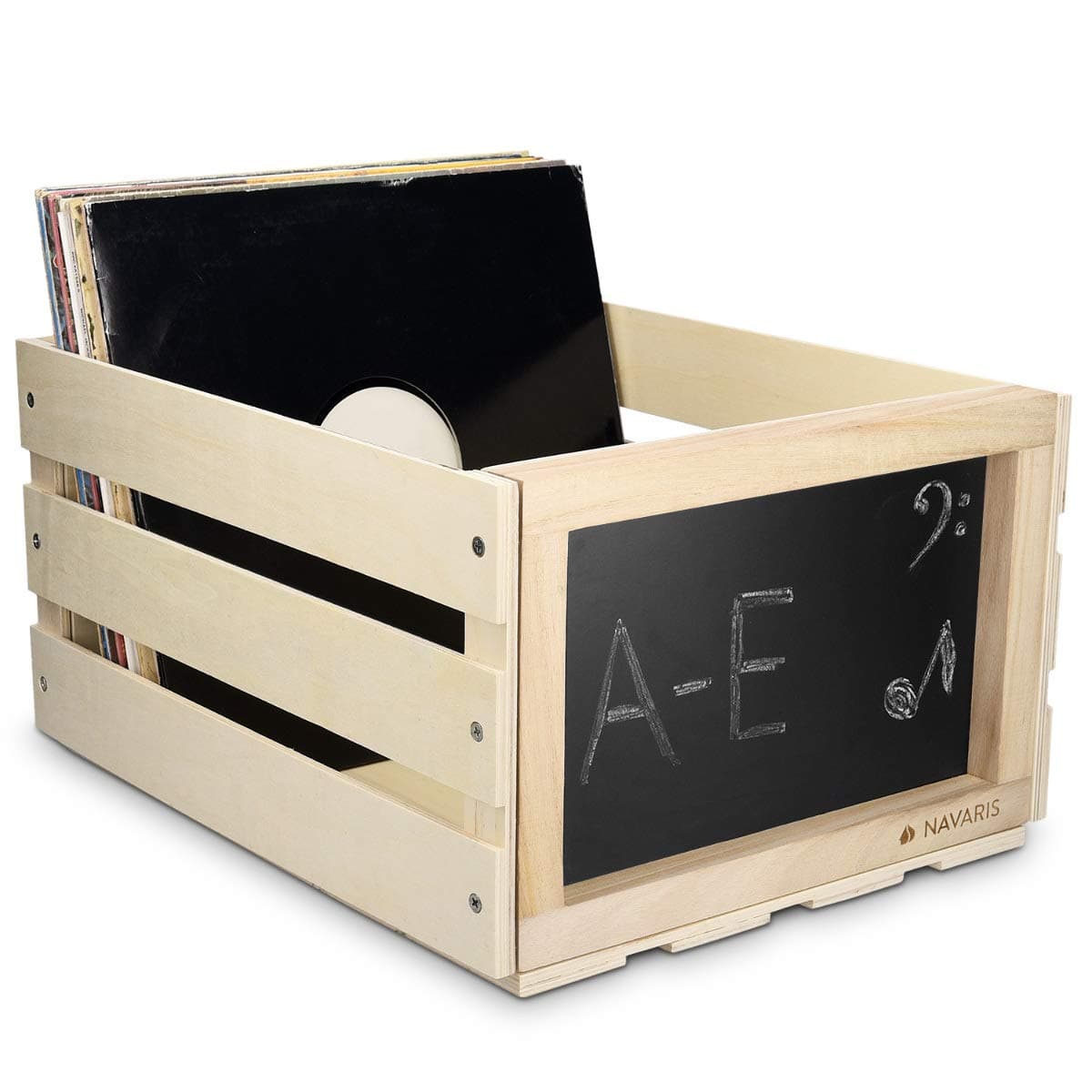Navaris Wooden Record Storage Crate - Vinyl Album Stackable Retro Rustic Holder Box Wood Case with Chalkboard Sign Board for 66 LP Records - Natural