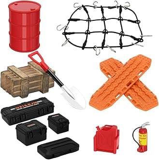 1/24 1/18 RC Crawler Accessories Car Roof Decoration Luggage Net, Recovery Board, Fire Extinguisher, Toolbox, Wood Box, Shovel for 1/18 TRX4M 1/24 Axial SCX24 (12Pcs Black Orange)