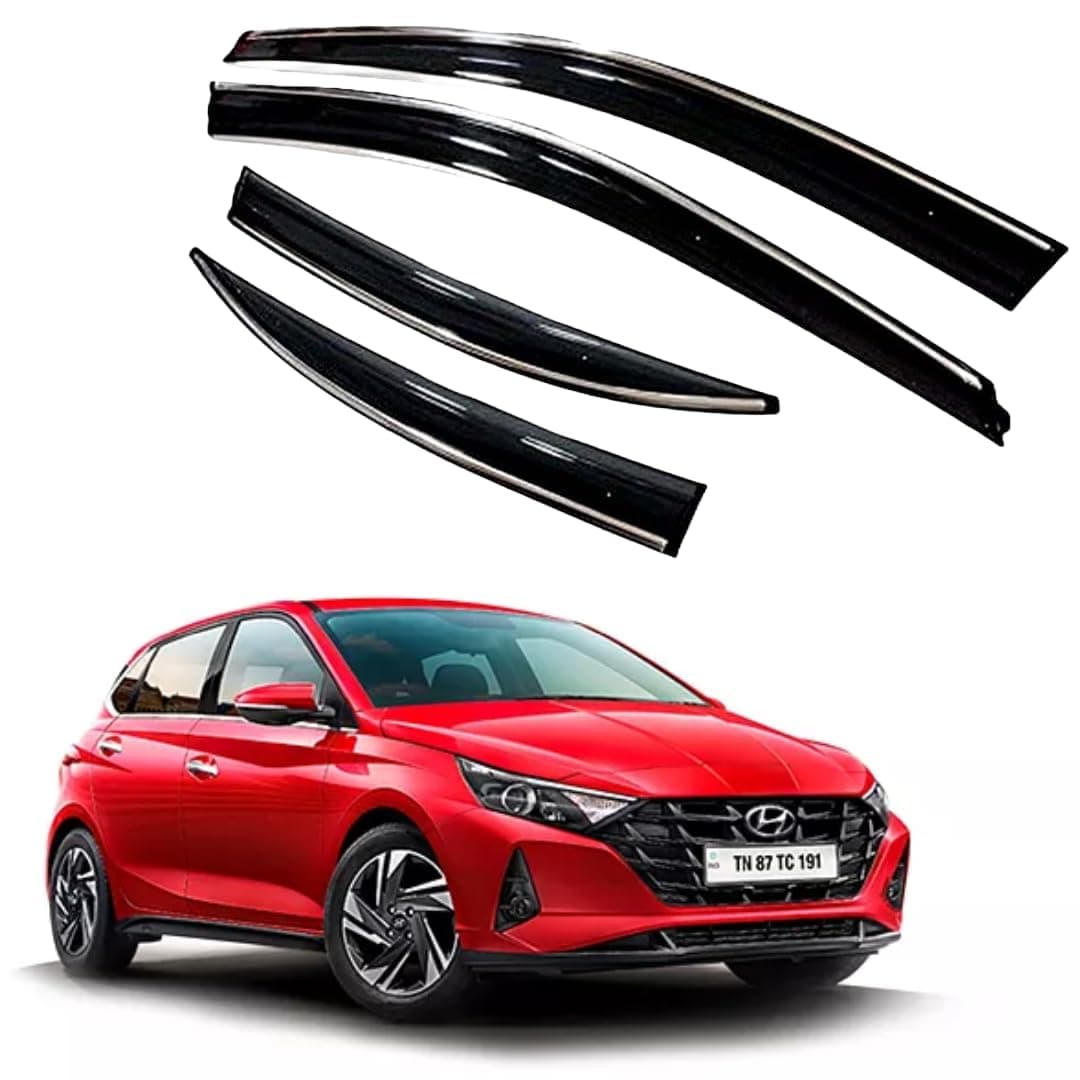 Premium Chromeline & Silverline Unbreakable Car Rear Window Wind Deflectors & Side Door Visor Rain Guard Compatible with (Hyundai i20 (2020 Onwards))