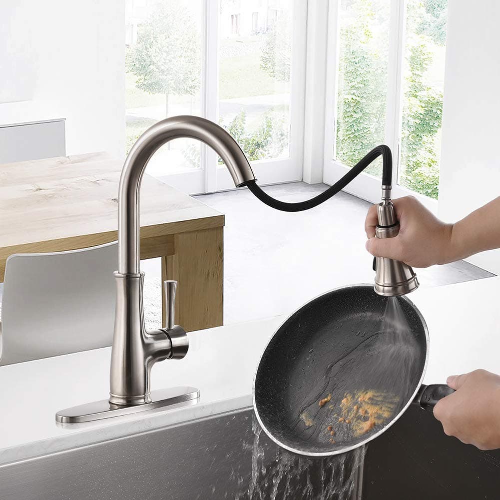 Sprayer Morden Handle Brushed Nickel Bathroom, Single Level High Arch Pull Out Stainless Steel Kitchen Sink Faucets with Deck Plate, Chrome