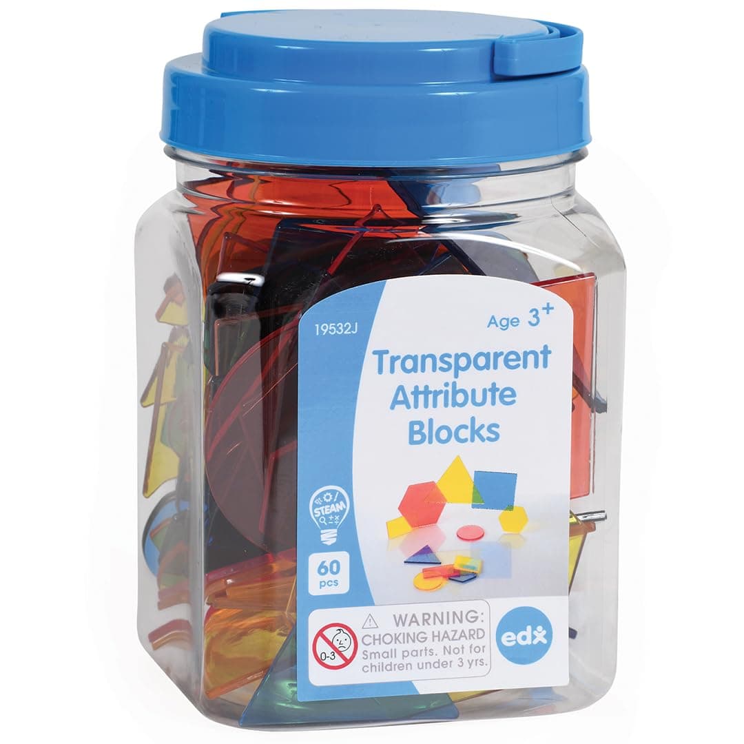 edxeducation Transparent Attribute Blocks | Mini Jar | Set of 60 | Colourful Plastic Shapes | Light Box Accessory | Sensory Play