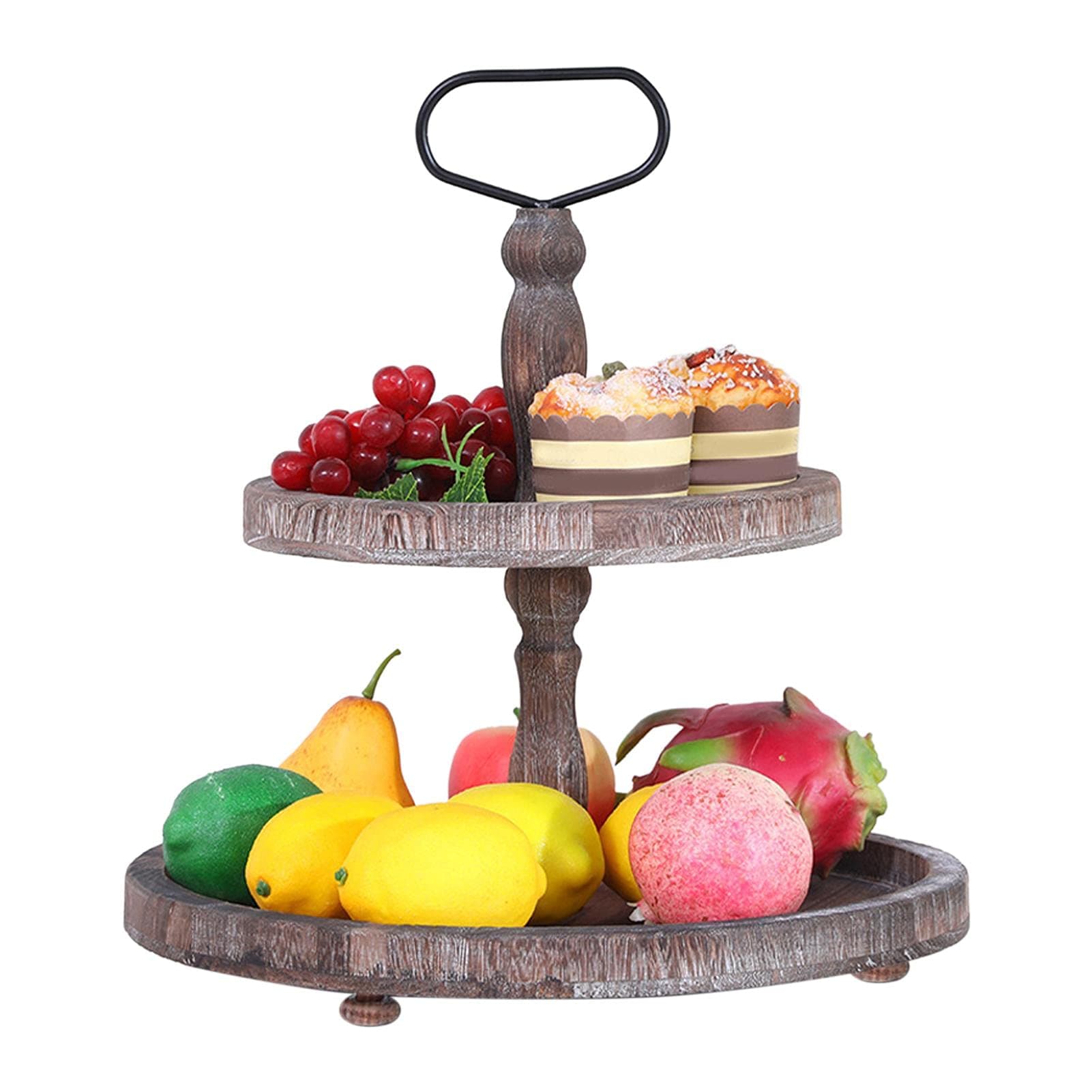POHOVE Large Distressed Rustic Wood Two Tiered Tray,2 Tier Wood Tray,Fruits Snacks Tiered Stand W/Metal Round Decor Handle for Kitchen Counter Top Dining Room Table(Dark Brown)