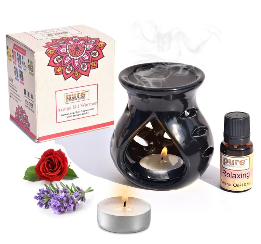 Pure Source India Aroma Burner Gift Set 10 Ml Relaxing Aroma Oil and 4 Tea Light Candle (Black)