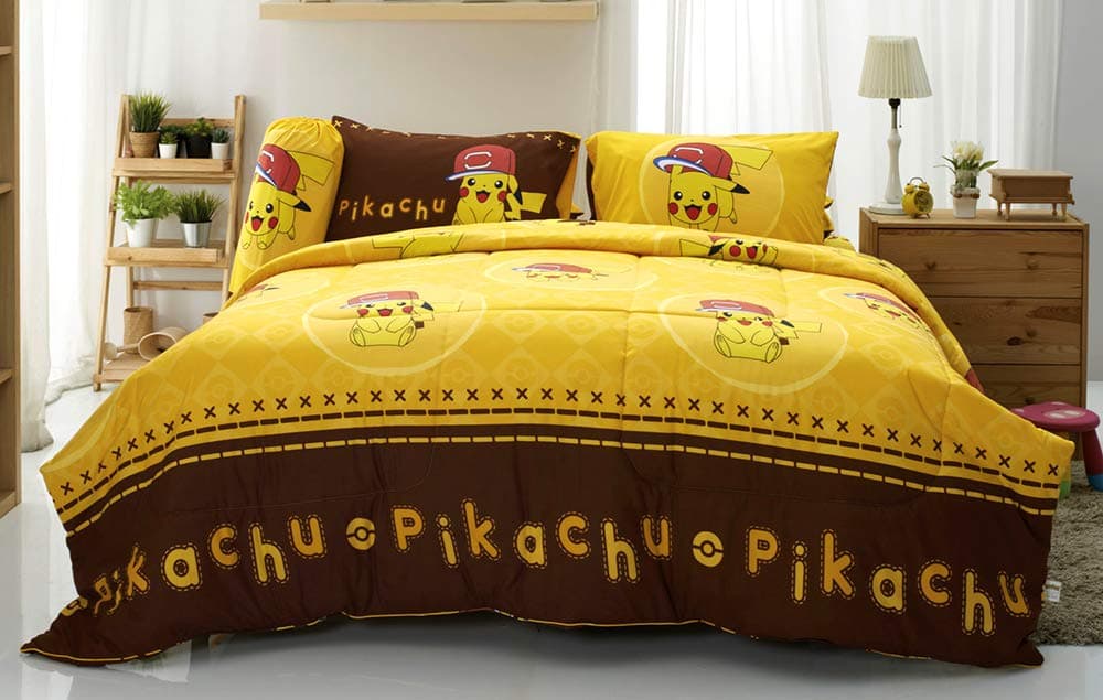 Tamegems Bedding Pikachu Cute Yellow Bed Sheet Set, 1 Fitted Sheet, 2 Pillow Case, 2 Bolster Case (Not Included Comforter) 040 Set B (Queen 60"x78")