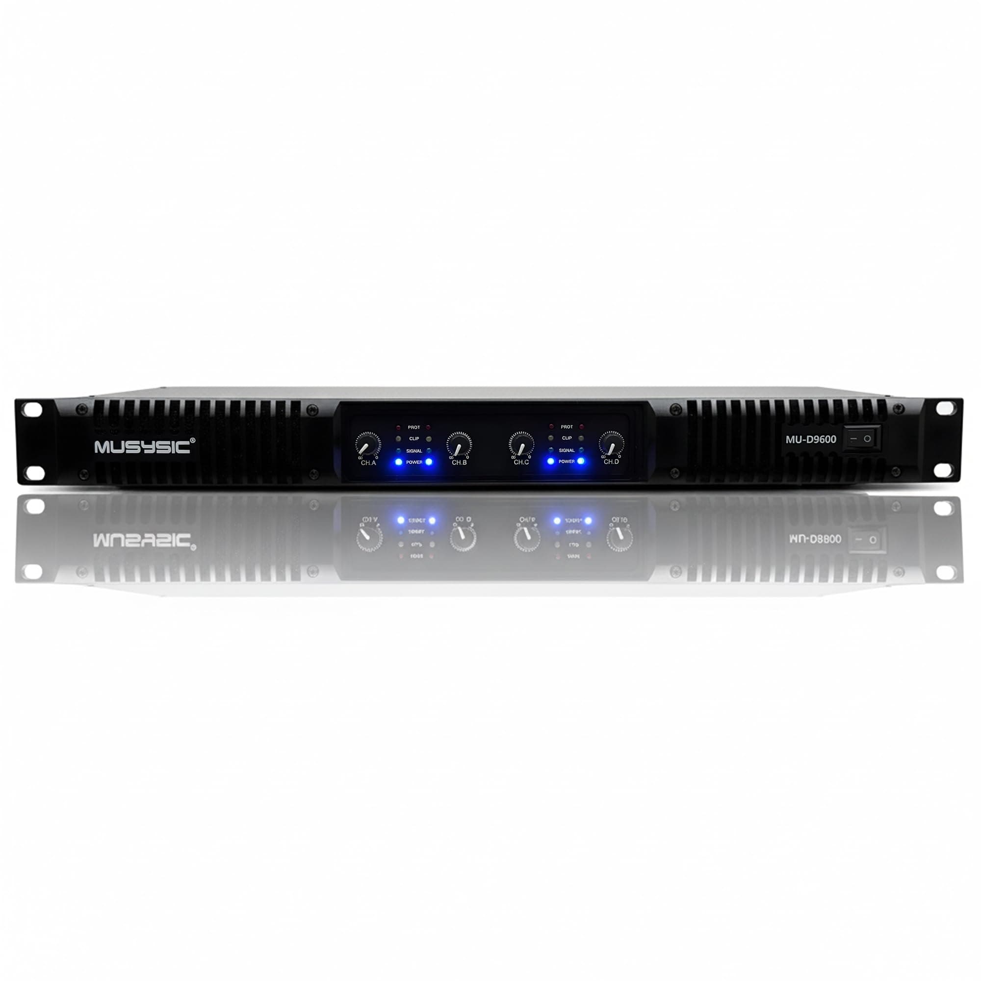 MUSYSIC Professional 4-Channel Amplifier – 2x9600 Watts D-Class 1U Power Amp MU-D9600 High Performance Amplifier with Stereo & Bridge Power for Professional Use in Concerts & Functions and at Home