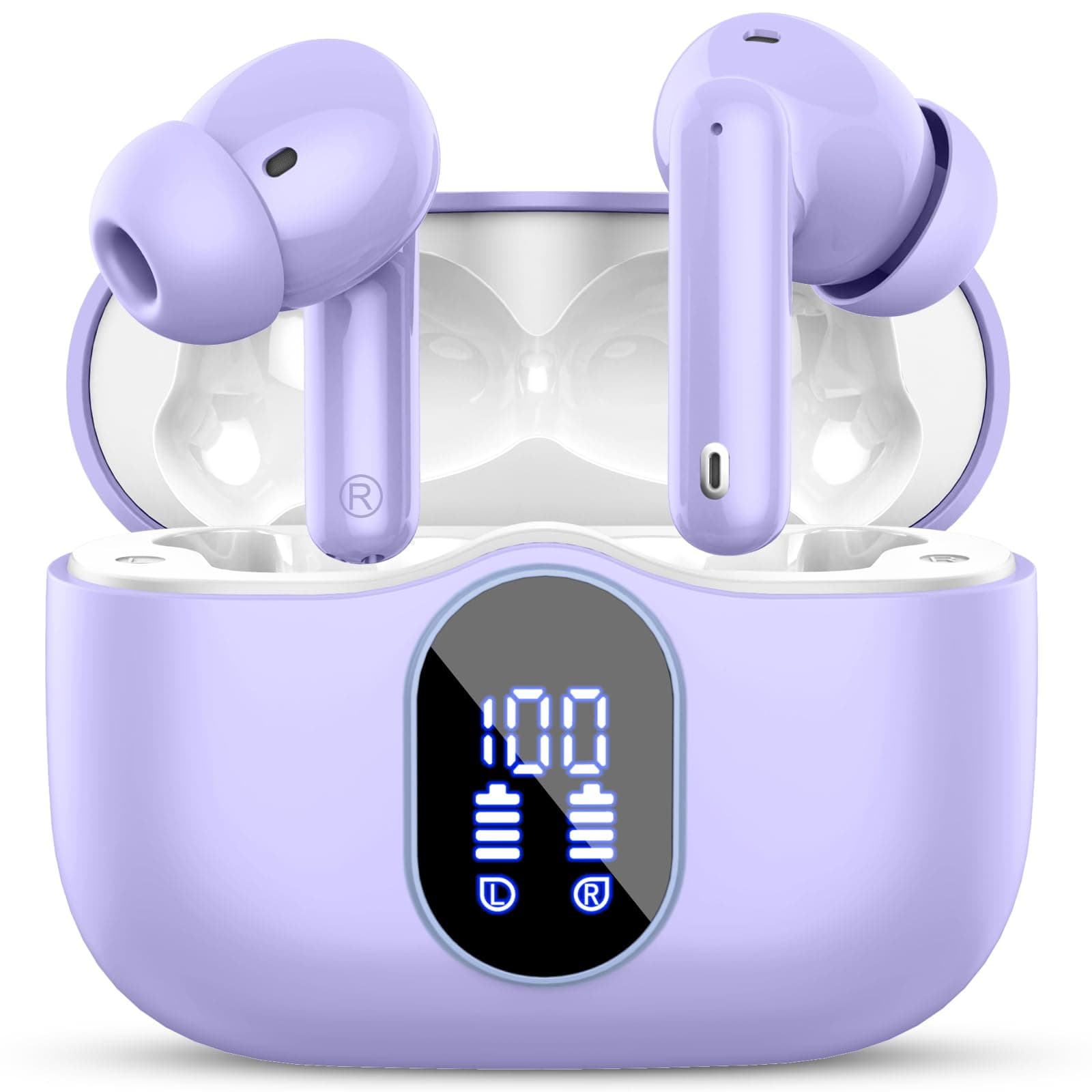 Wireless Earbuds, Bluetooth 5.4 Headphones In Ear with 4 ENC Noise Cancelling Mic, Bluetooth Earbuds Mini Deep Bass Stereo Sound, 36H Playtime LED Display Wireless Earphones IP7 Waterproof Deep Purple