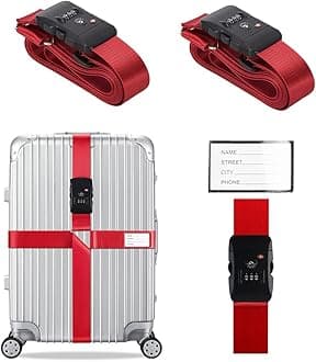 - Veki Cross Luggage Straps Set TSA Approved with Lock Adjustable Travel Suitcase Belts Suitcase Tags with Name Id Card Packing Straps for Suitcases Strap Travel Accessories (Red, 2pcs)
