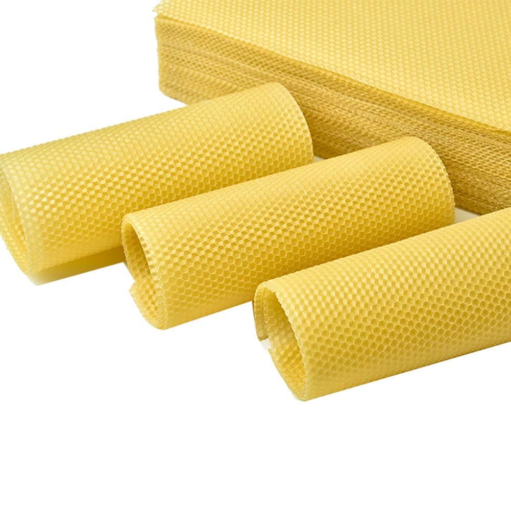 Renococo 50PCS Natural Beeswax Sheets with Honeycomb Texture, 100% Pure Nature Professional Bee's Wax Coated Deep Bee Nest Foundation,Honeybee Wax Flake Beekeeping Tool for Beekeepers (Yellow)