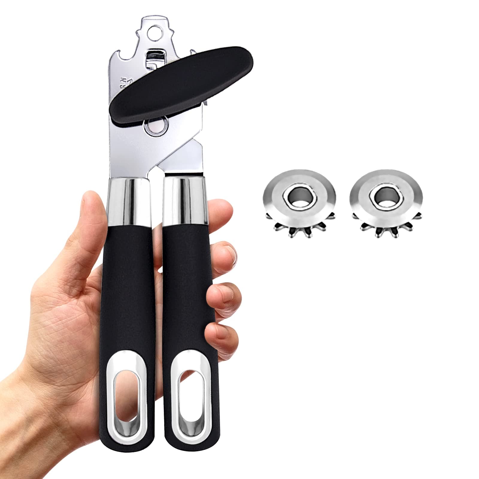 Navani Stainless Steel Can Opener Manual That Work Comes with 2 Additional Smooth Edge Tin Opener Replacement Blades and Also an Ergonomically Jar Opener Suitable for The Elderly with Arthritic Hands