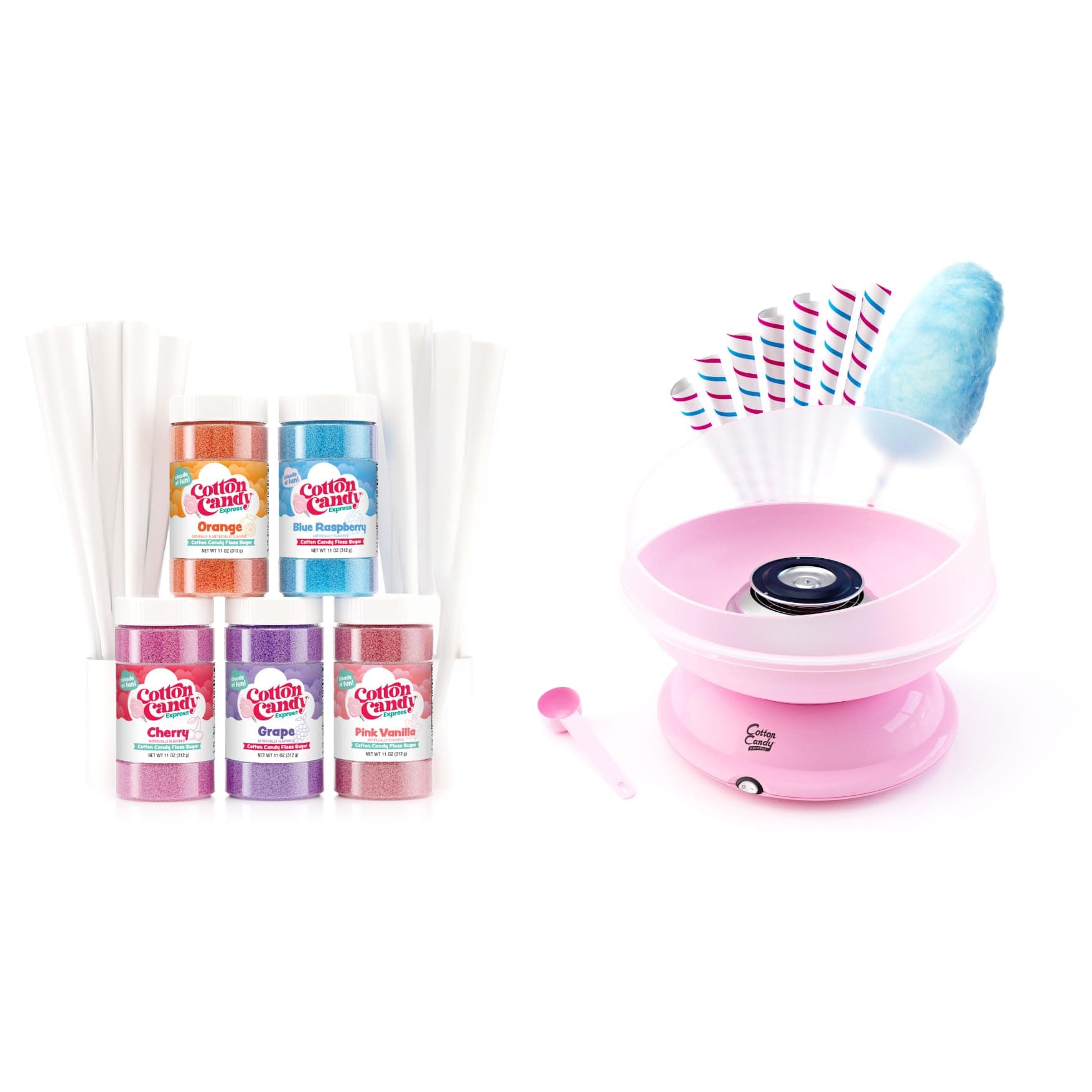 Cotton Candy Express CC1000-S Cotton Candy Machine with 5 Sugar Pack (Cherry Grape Blue Raspberry Orange Pink Vanilla)