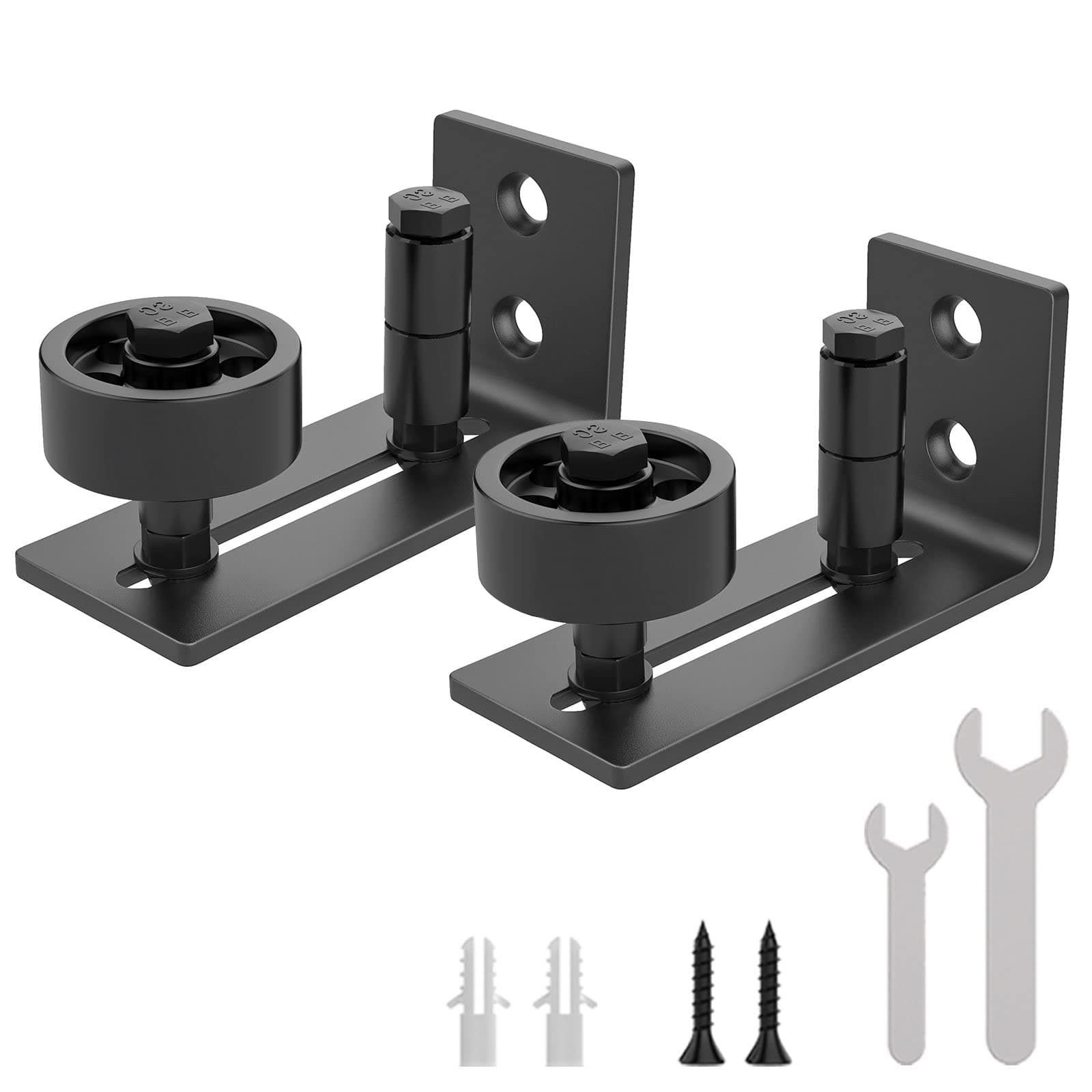 WINSOON Sliding Barn Door Floor Guide Wall Mounted Hardware for Flush Bottom Adjustable Stay Rollers, Set of 2,8 Setup Options, Smooth Wheels Fit Most Closet Pocket Doors, Black