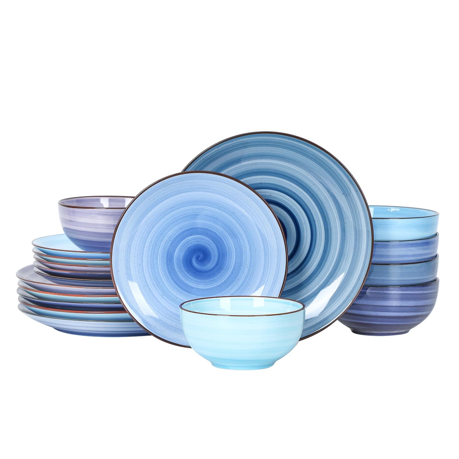 Ceramic Dinnerware Sets for 6, 18 Pieces Plates and Bowls Set, Scratch Resistant Dishes Set, Handpainted Swirl with Spot Dishwasher & Microwave Safe, Gradient Blue