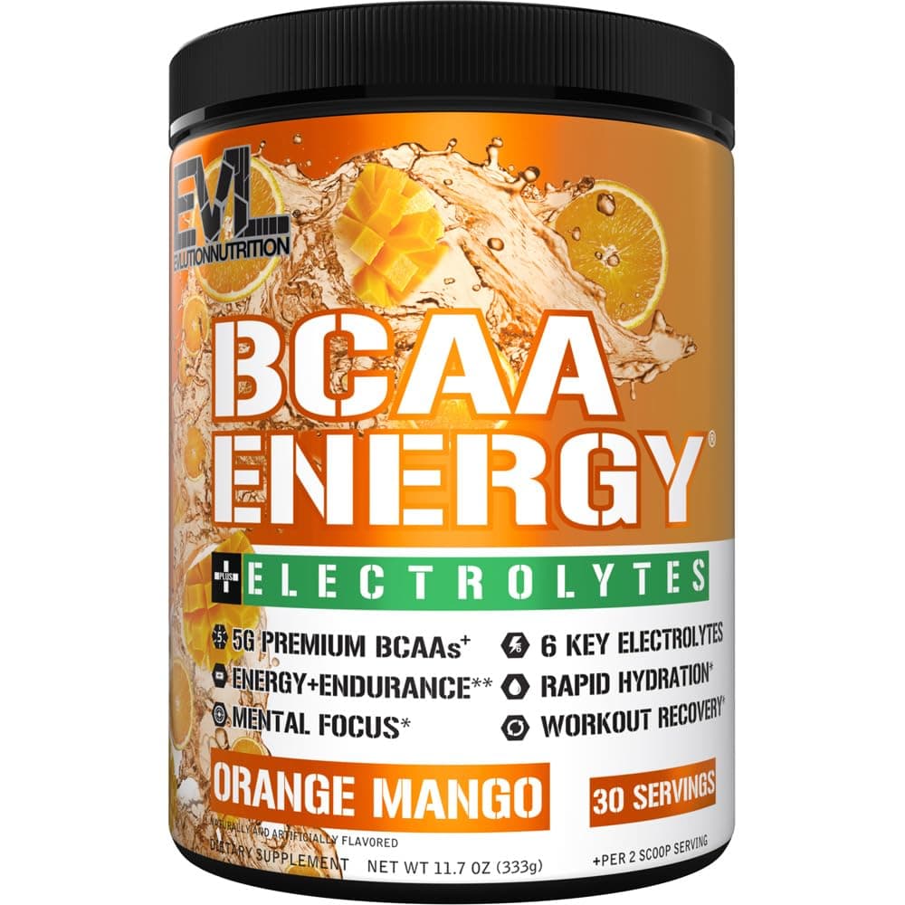 Evlution EVL BCAAs Amino Acids Powder - BCAA Energy Pre Workout Powder for Muscle Recovery Lean Growth and Endurance - Rehydrating Post Workout Recovery Drink with 6 Key Electrolytes - Orange Mango