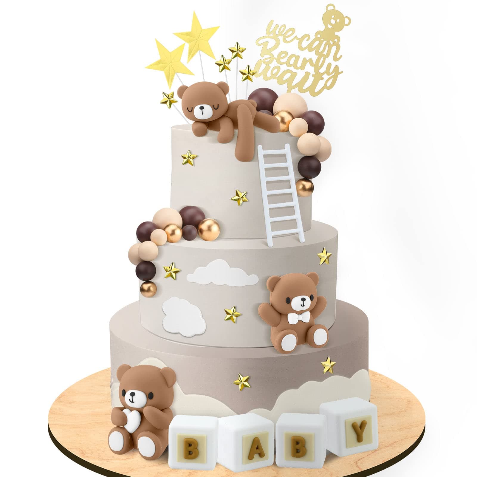 Yinder 41 Pcs/Set Bear Cake Toppers Mini Bear Cake Decorations Cake Toppers Gold White Pearl Ball for Boy Girl Baby Shower Birthday Party Decorations (Dark Brown, Cute Style)
