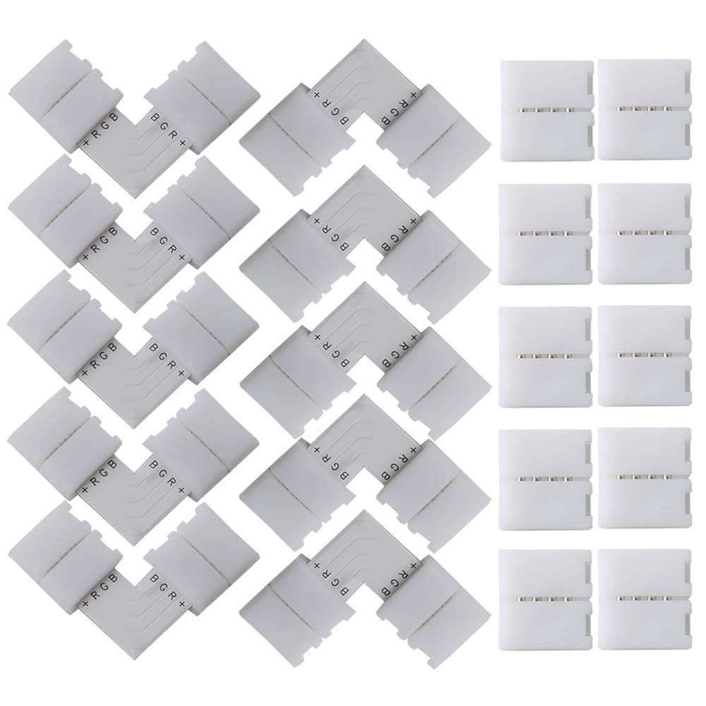 20Pcs Professional 4 Pins LED Strip Light Connector: 10Pcs L-Shape Connectors and 10Pcs Gapless Connectors. 10mm Non-Waterproof Snap Down Connector, Solderless LED Strip to Strip Adapter