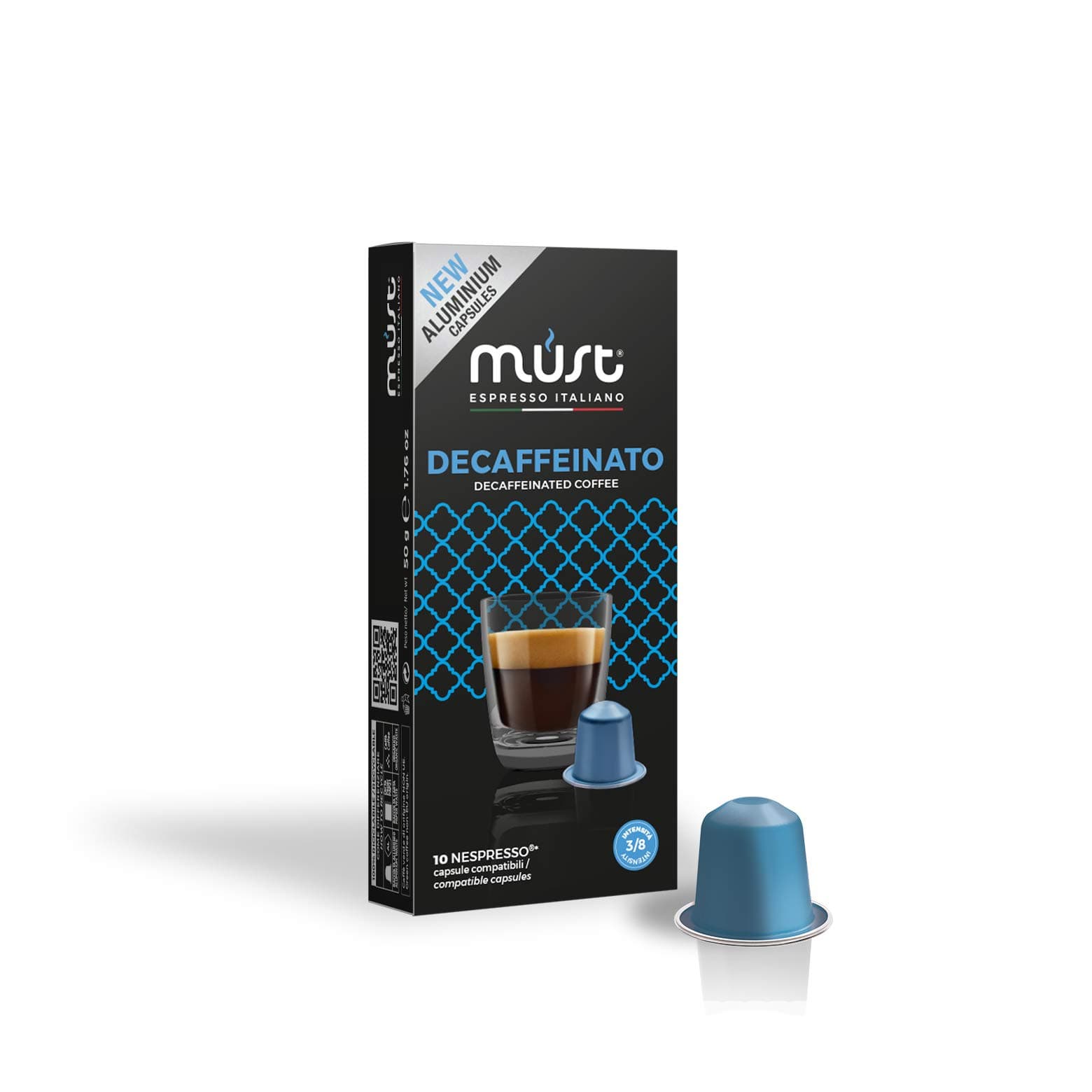 MUST100 Capsules Coffee in 100% Recyclable Aluminum, Decaffeinated Blend Intensity 3/8, 10 Packs of 10 Capsules, Compatible with Nespresso Machine, Made in Italy