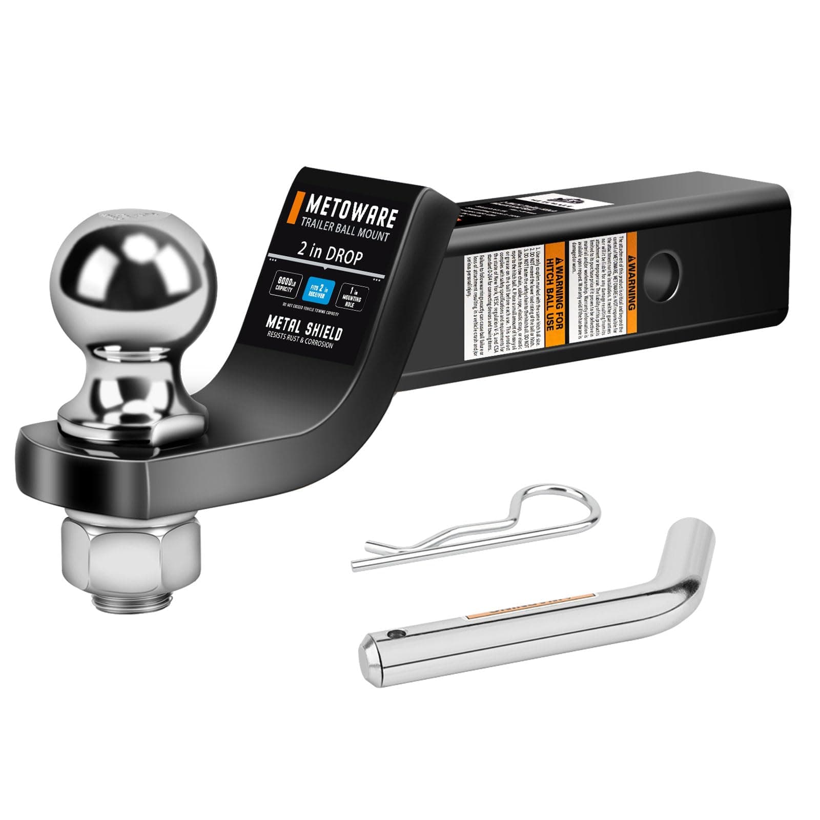 Trailer Hitch Ball Mount, 2" Drop Hitch with 2" Ball, 6,000 lbs GTW Fits 2" Receiver for Truck SUV Boat RV, Solid Steel Towing Kit with Hitch Pin & Clip, Black