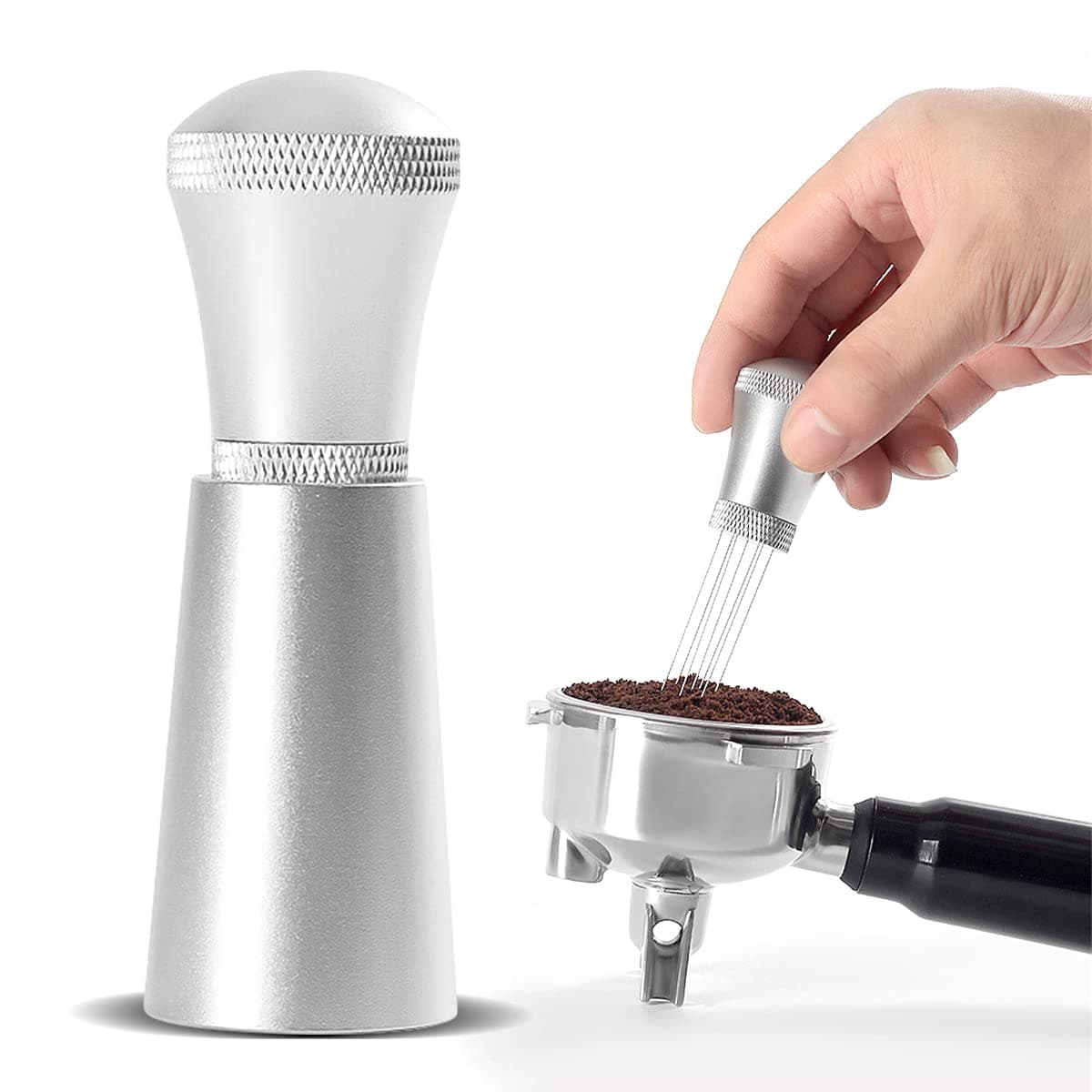 BestYiJo Coffee Distribution Tool, Coffee Needle Distributor, 0.3mm Thick Stainless Steel 7 Needles Tool Coffee Distribution for Barista (4 Replacement Needle) (Silver)