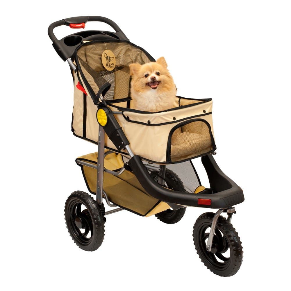 One Hand Closure Folding 3 Wheel Dog Cat Pet Jogging Stroller Carrier Beige Creme