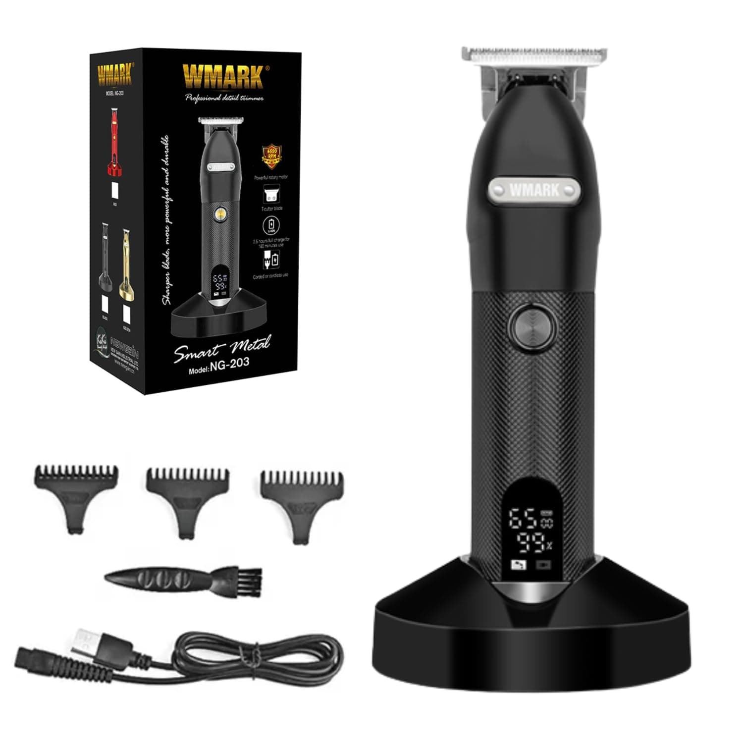 WMARK NG-203 T Blade Trimmer Professional Zero Gapped Outlining for Barbers 0mm balding Shape up Digital Display 6500 RPM Powerful rotary Motor Runtime 180 min with Adaptor Charging Pod & Stand, Black