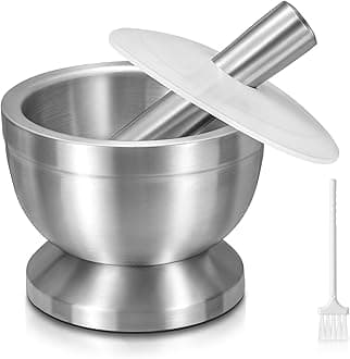 Pestle and Mortar Set, Sopito Stainless Steel Mortar Bowl and Pestle with Lid and Anti Slip Base for Herbs, Garlic, Ginger & Spices, 11.7cm/4.6in Diameter