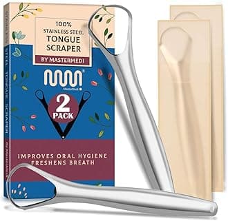 mastermediTongue Scraper with Case (Spoon Shape, 2 Pack), Medical Grade Stainless Steel Tongue Scrubber for Bad Breath Treatment, Easy to Use Tongue Scraper for Adults, Tongue Cleaner for Oral Care