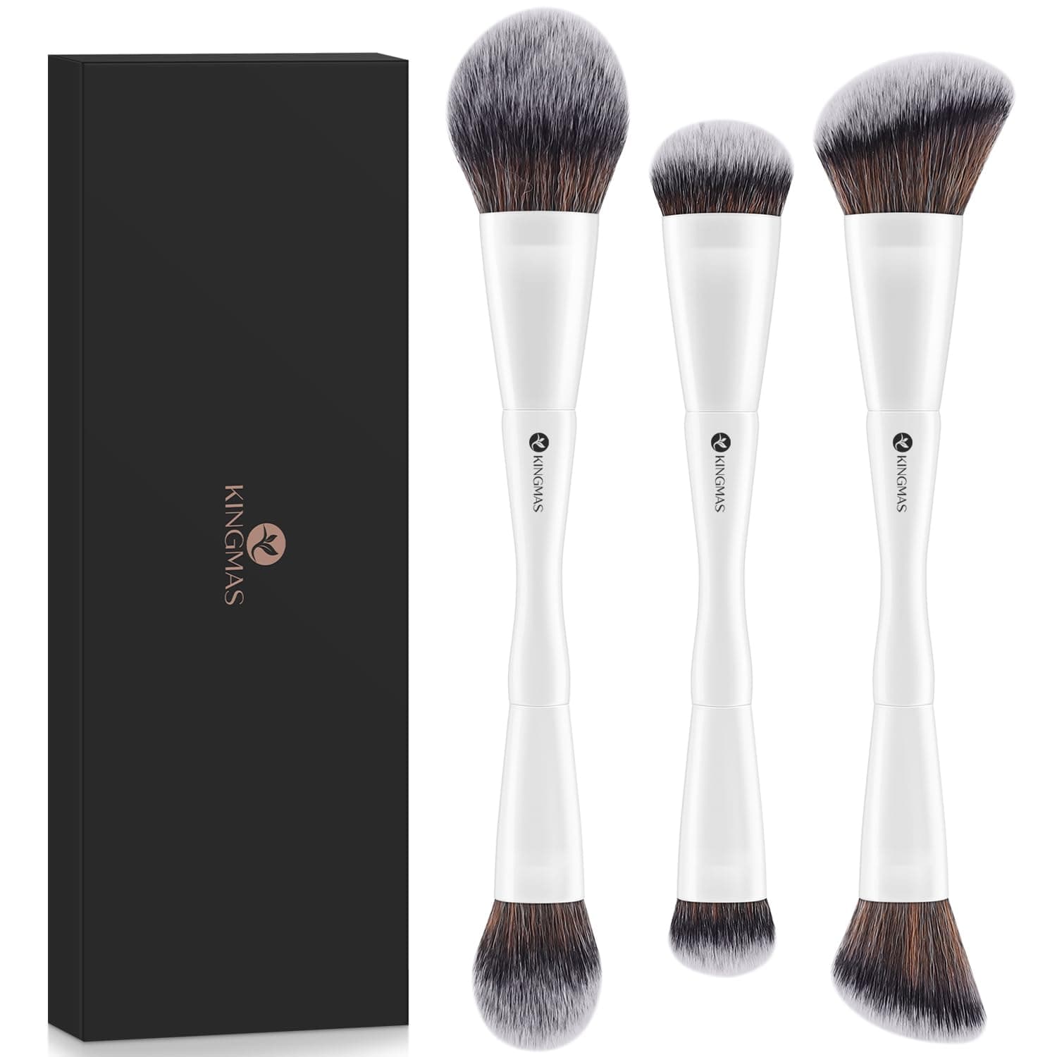 3-Piece Foundation Makeup Brush Set - Double-Ended Kabuki, Large Foundation, Medium Concealer, Small Contour Brushes for Liquid, Cream, Powder, Blending & Buffing Face Makeup Tools