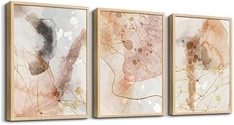 Boho Abstract Wall Art for Living Room, Bedroom, Office - Minimalist Ink Painting Prints with Natural Wood Frame - 3 Piece Home Decor