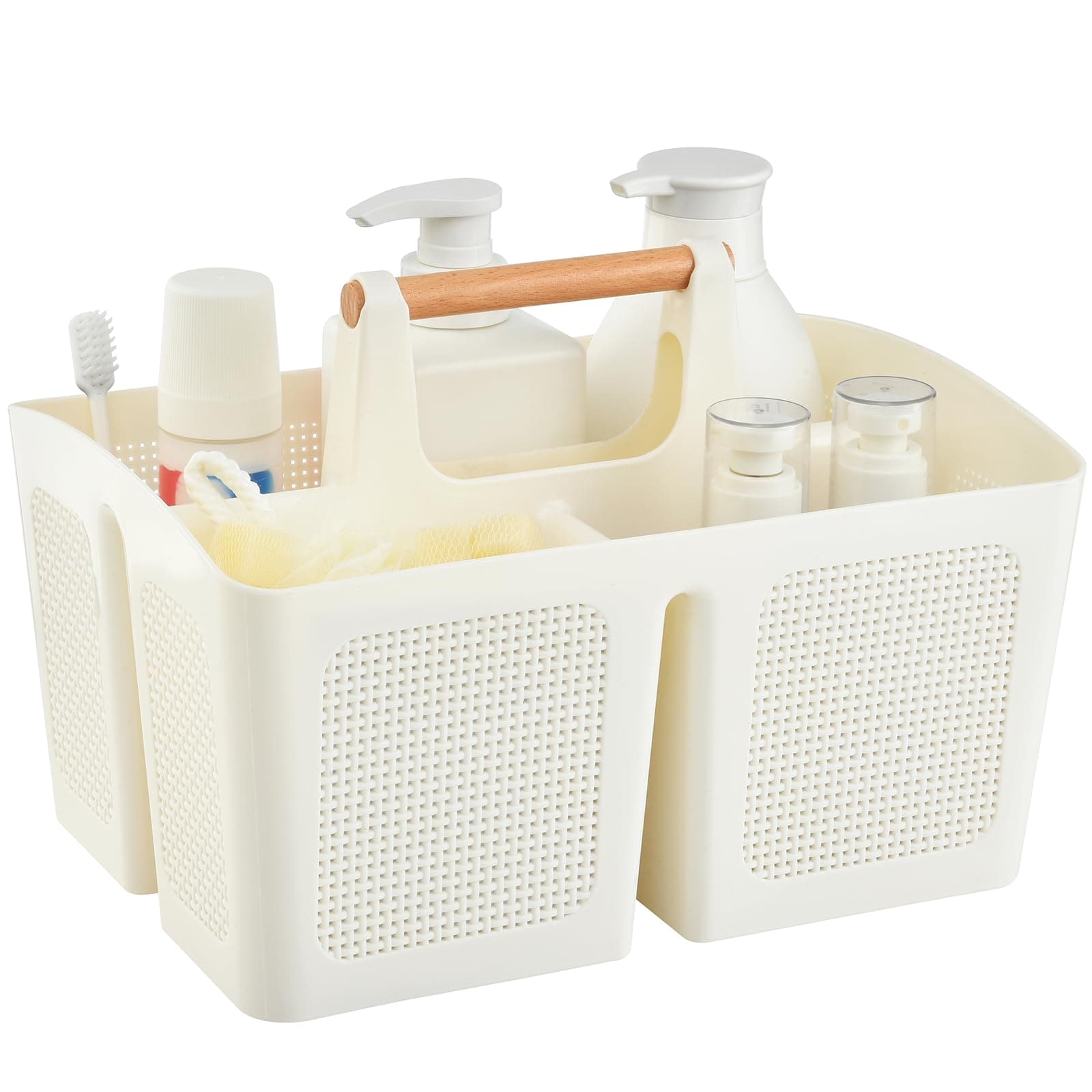 ALINK Portable Shower Caddy Basket with Compartments, Plastic Divided Cleaning Caddy Organizer Storage Tote with Handle for Bathroom, College, Dorm Room Essentials - Beige
