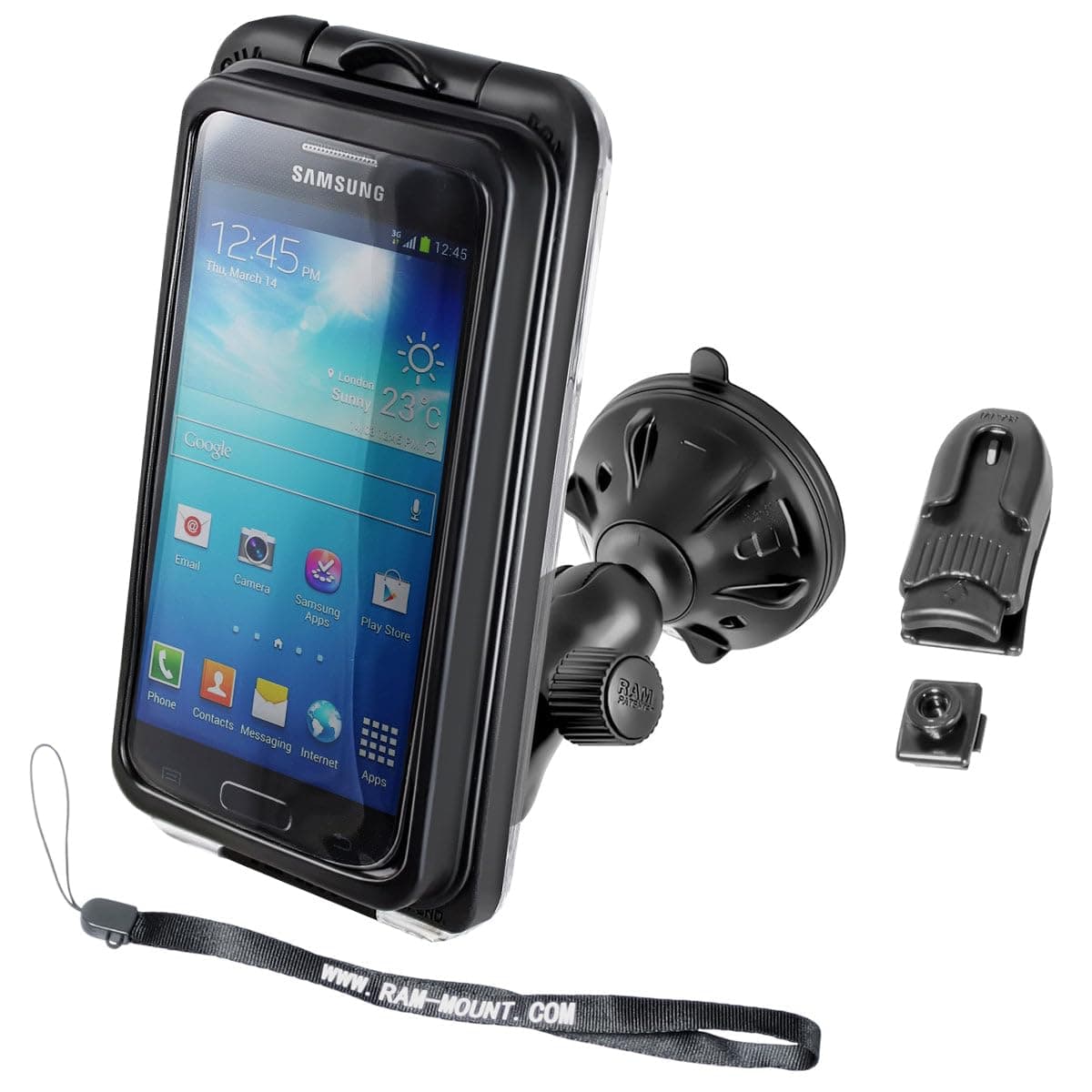RAM Mounts (RAP-B-166-2-AQ7-2) Small Twist Lock Suction Cup Mount with Aqua Box Pro 20 Case, Cradle Clip, Belt Clip, Belt Clip Button and Lanyard for the Iphone 5, 4 and 3 with Or without Case, Skin Or Sleeve