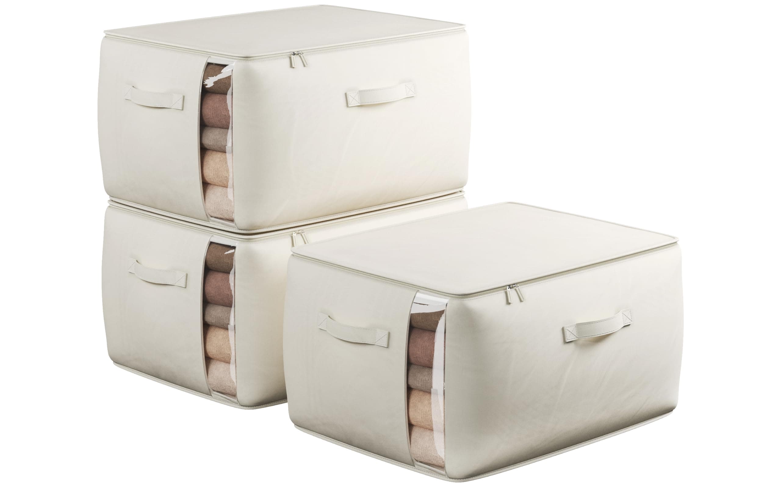 Large Canvas Clothes Storage Bags with Thick Handles and Clear Window, Foldable Cotton Linen Underbed Closet Organizer for Clothing, Blankets and Bedding, 60L, 3 Pack, Beige