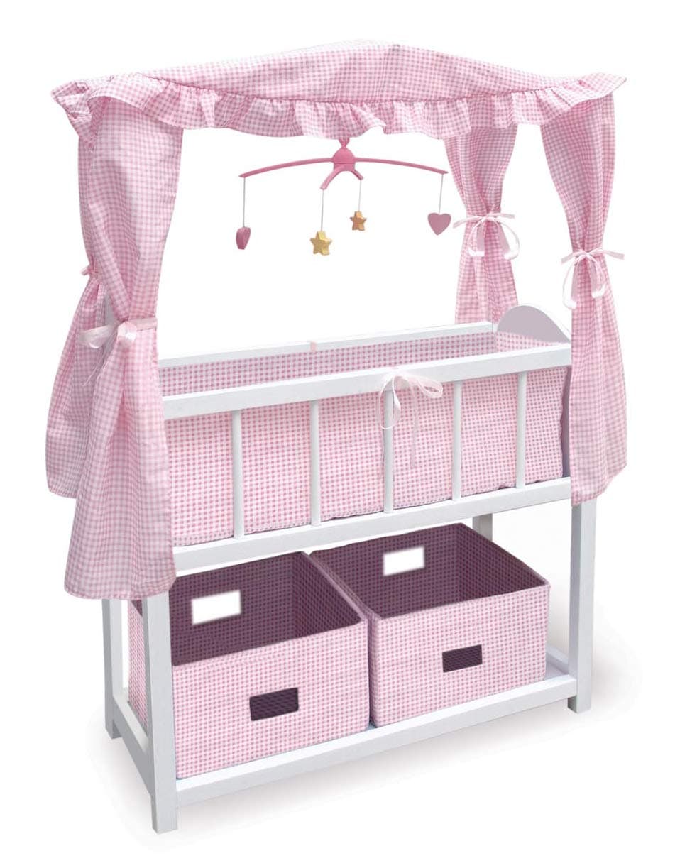 Badger Basket Toy Doll Bed with Storage Baskets and Gingham Bedding