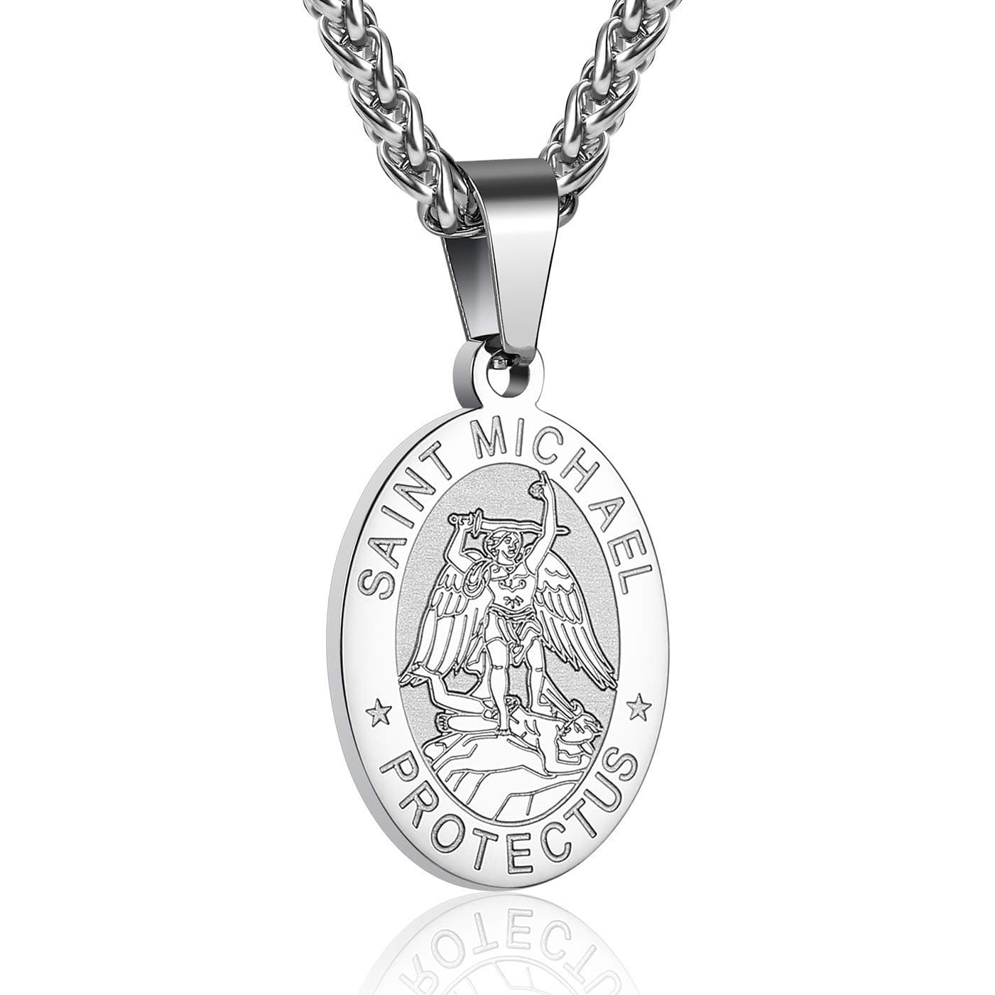 Oval Saint Christopher/Michael/Joseph/Jude/Virgin Mary/Joseph/Francis/Patrick/Anthony/Benedict/Thomas Necklace for Men Women, Stainless Steel Catholic Patron Pendant with Chain 24 Inches