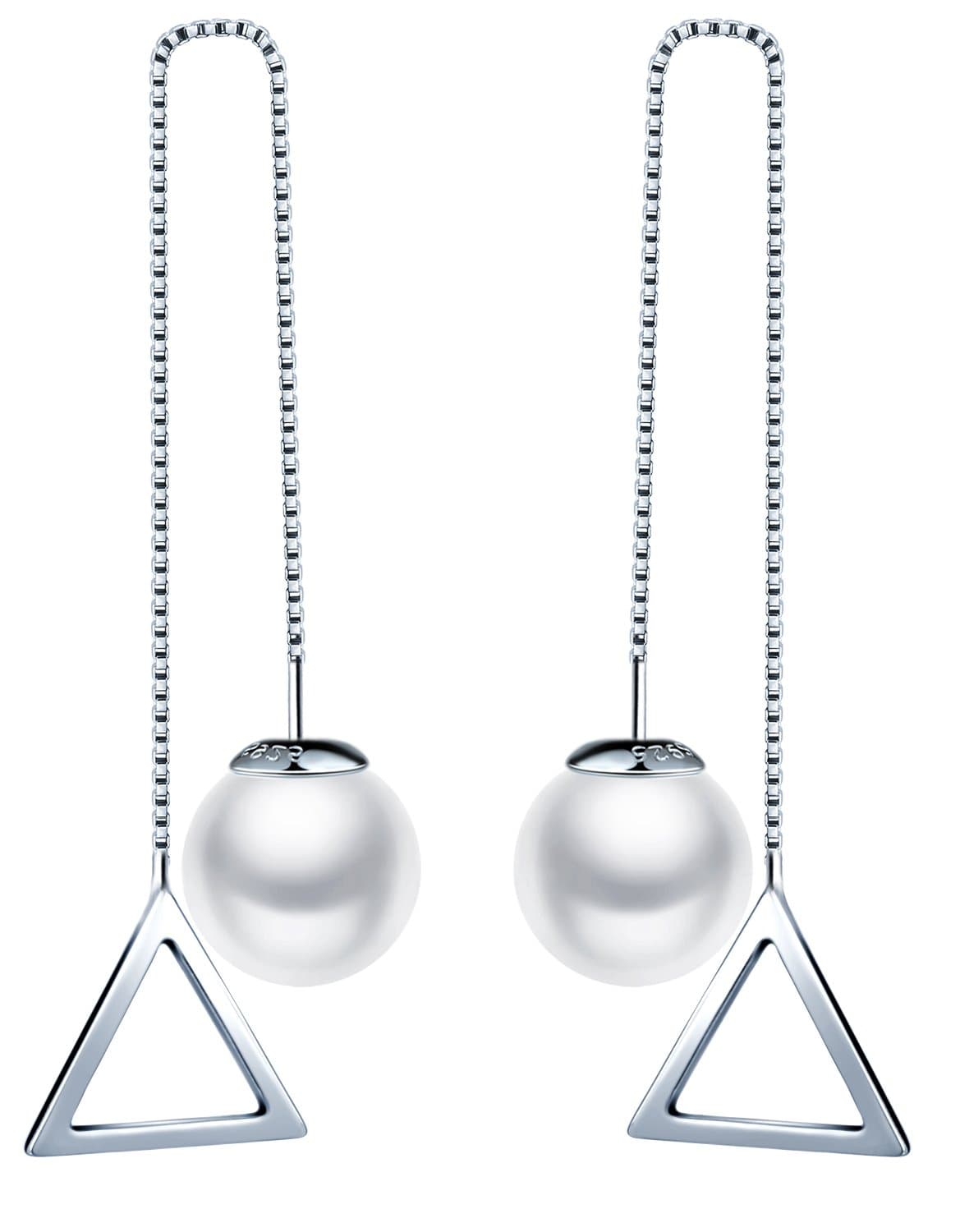 SIXLUO Hollow Triangle Pearl Threader Ear Line 925 Sterling Silver DIY Drop Earring Best Gift for Girls/Women