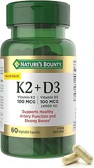 Nature’s Bounty Vitamin D3 K2 Supplement, 4000 IU Vitamin D3 plus 100 mcg of Vitamin K Supplements for Adults for Heart & Bone Health Support, 60 Day Supply, 60 Vegetarian Capsules