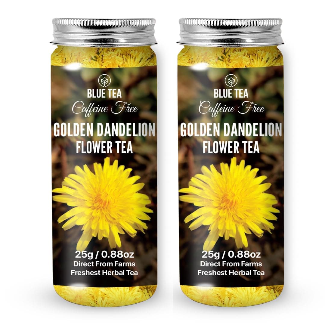 BLUE TEA - Golden Dandelion Flower - 1.76 Oz (Pack of 2) | FLOWER BASED | Herbal Tea - Caffeine Free - Farm Fresh - 100% Natural | Pet Jar Packaging