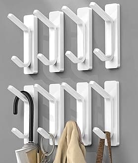 YIGIIAdhesive Hooks for Hanging, Damage Free Hanging Wall Hook Removable in Living Spaces, 8 Plastic White Hooks and 8 Adhesive Strips