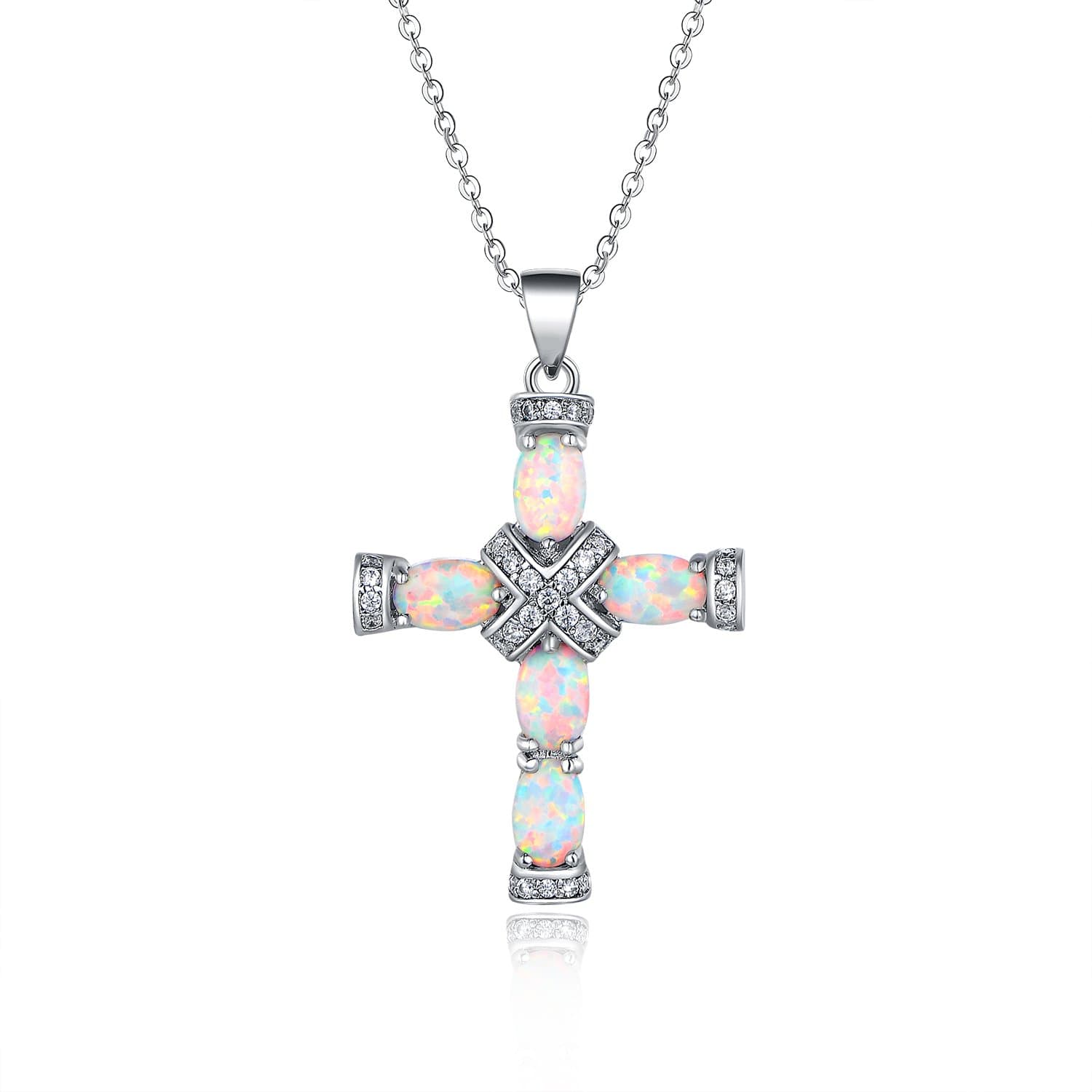 18K Gold Plated Created Opal Cross with Chain, 18 Inches with 2 Inches Extension