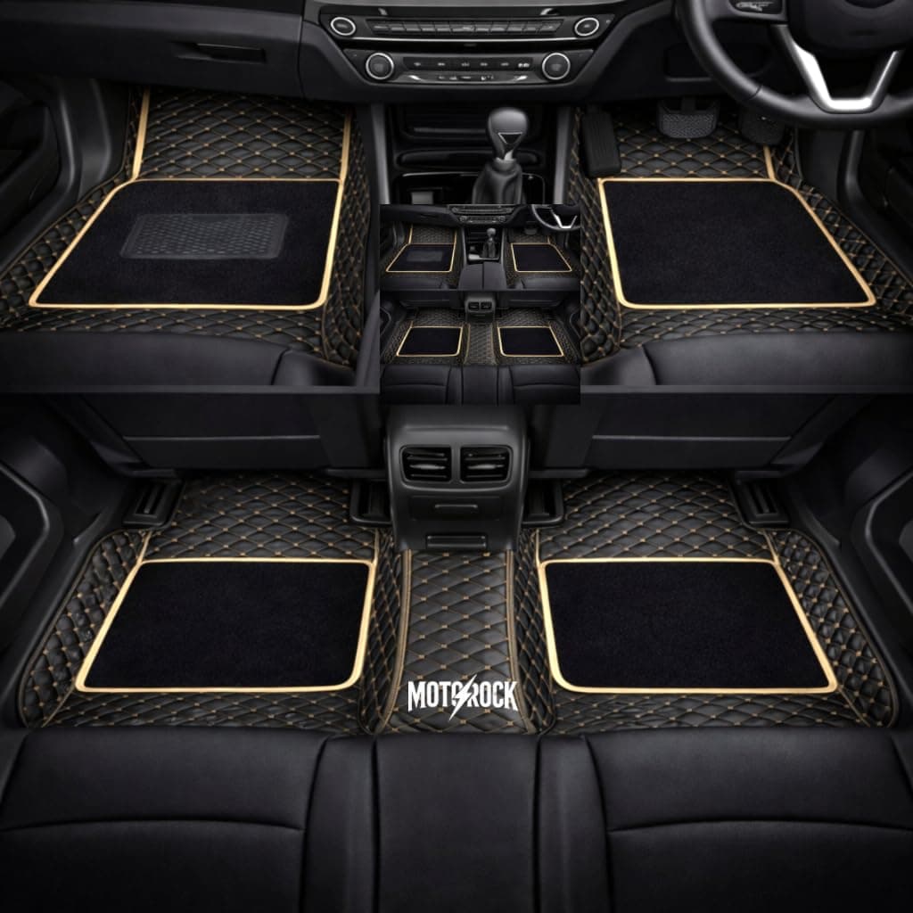 Premium 7D Car Floor Mat Full Set for Mahindra XEV 9E Ev|| Luxury Leather with Grass Mat Complete Set || 100% Waterproof and Washable || Color : (Black and Beige)