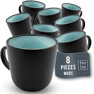 PURE LIVING INTERIOR DESIGN Stoneware Coffee Mugs Set of 8, Stylish Coffee Mug Set modern petrol-blue, 10.5 Oz Coffee Cups Ceramic, Dishwasher and Microwave Safe Mug, Ceramic Mug, Coffee Cup Set