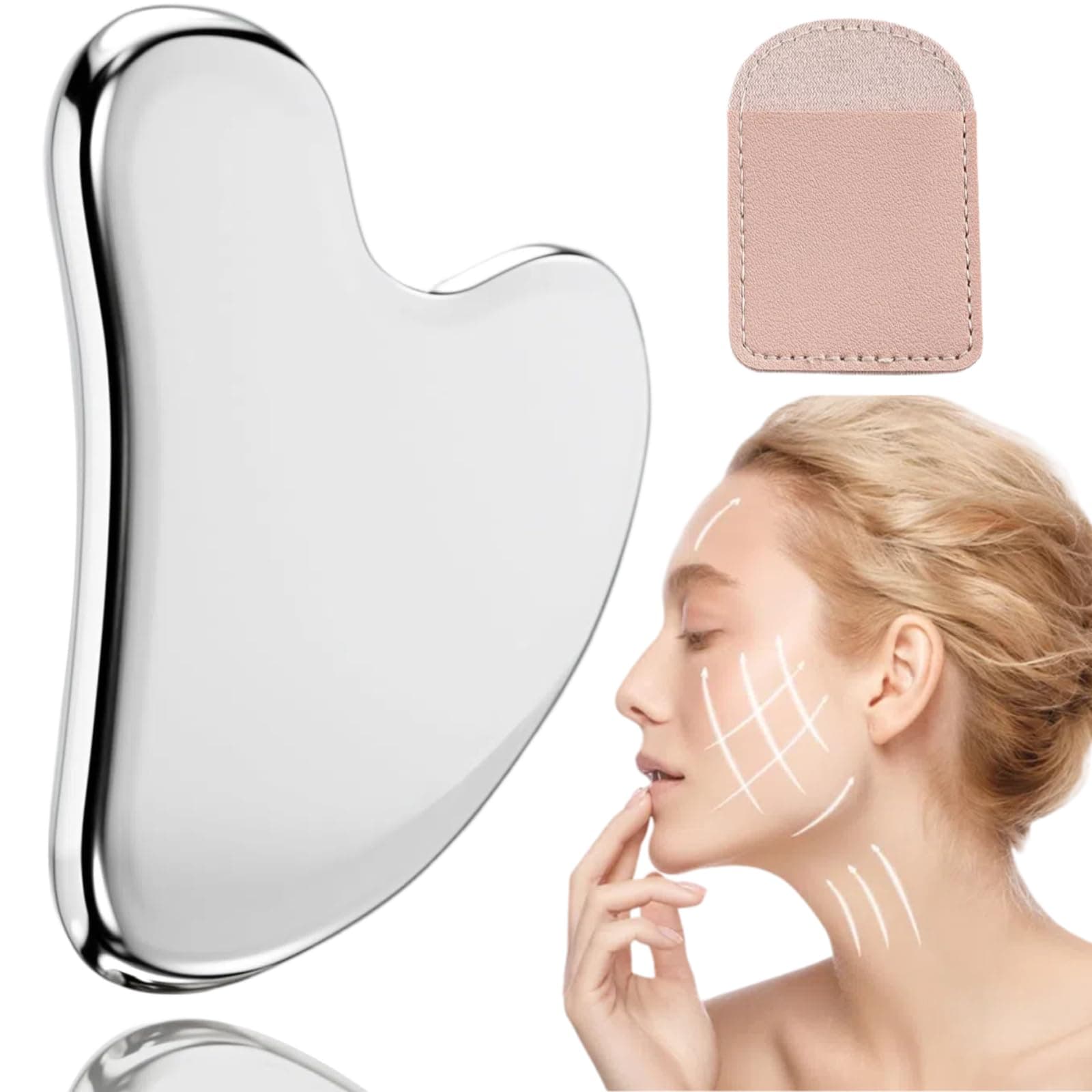 Gua Sha Tool, Gua Sha Facial Tools for Jawline Sculpting and Puffiness Reducing, Stainless Steel Face Massage Tools, GuaShaTool with Travel Pouch - Scraping Massage Tool for Face