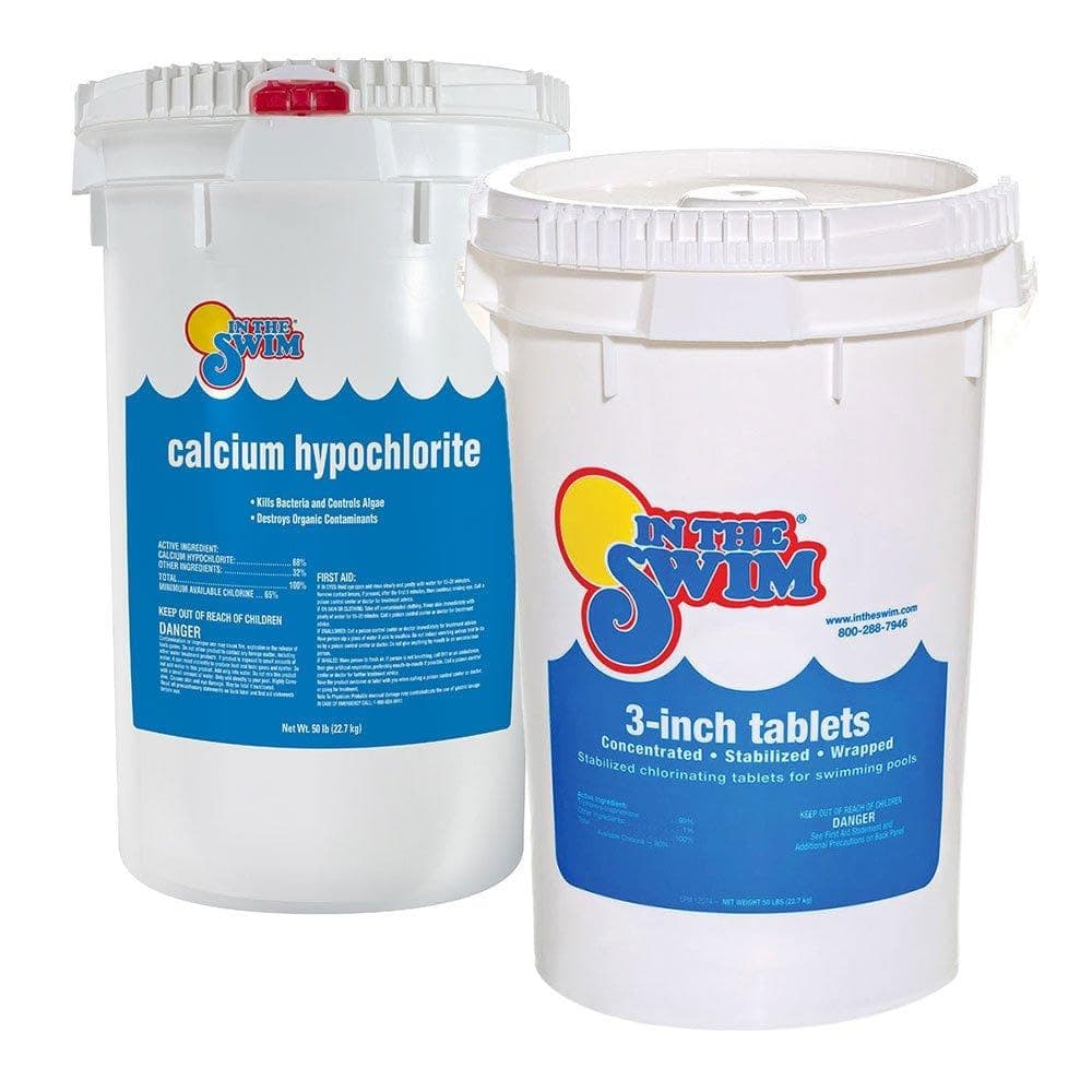 In The SwimShock and Chlorine Bundle for Sanitizing Swimming Pools – Includes 50 Pound Bucket of 68% Cal-Hypo Pool Shock and 50 Pound Bucket of 3 Inch Stabilized Chlorine Tablets