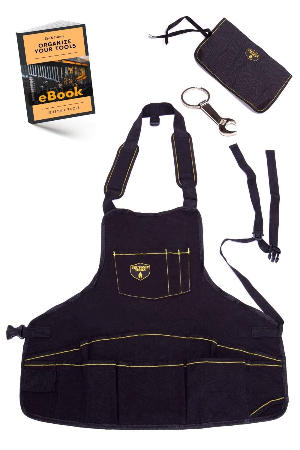 Teutonic Tools Gardening Work Apron - Lightweight 1200D Oxford Fabric - Adjustable Straps Up To XXL - 15 Pockets Combo - EXTRA Items Small Tool Bag - Wrench Keychain, FREE eBook
