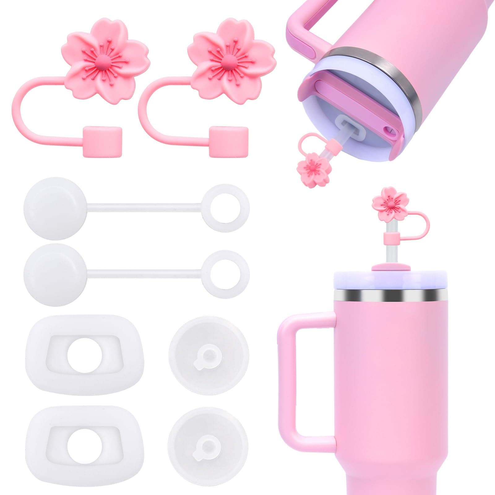Spill Stopper for Stanley Cup 40oz/30oz, 8pcs Silicone Spill Proof Stoppers for V2.0 Stanley Cup with Pink Cherry Blossom Straw Covers