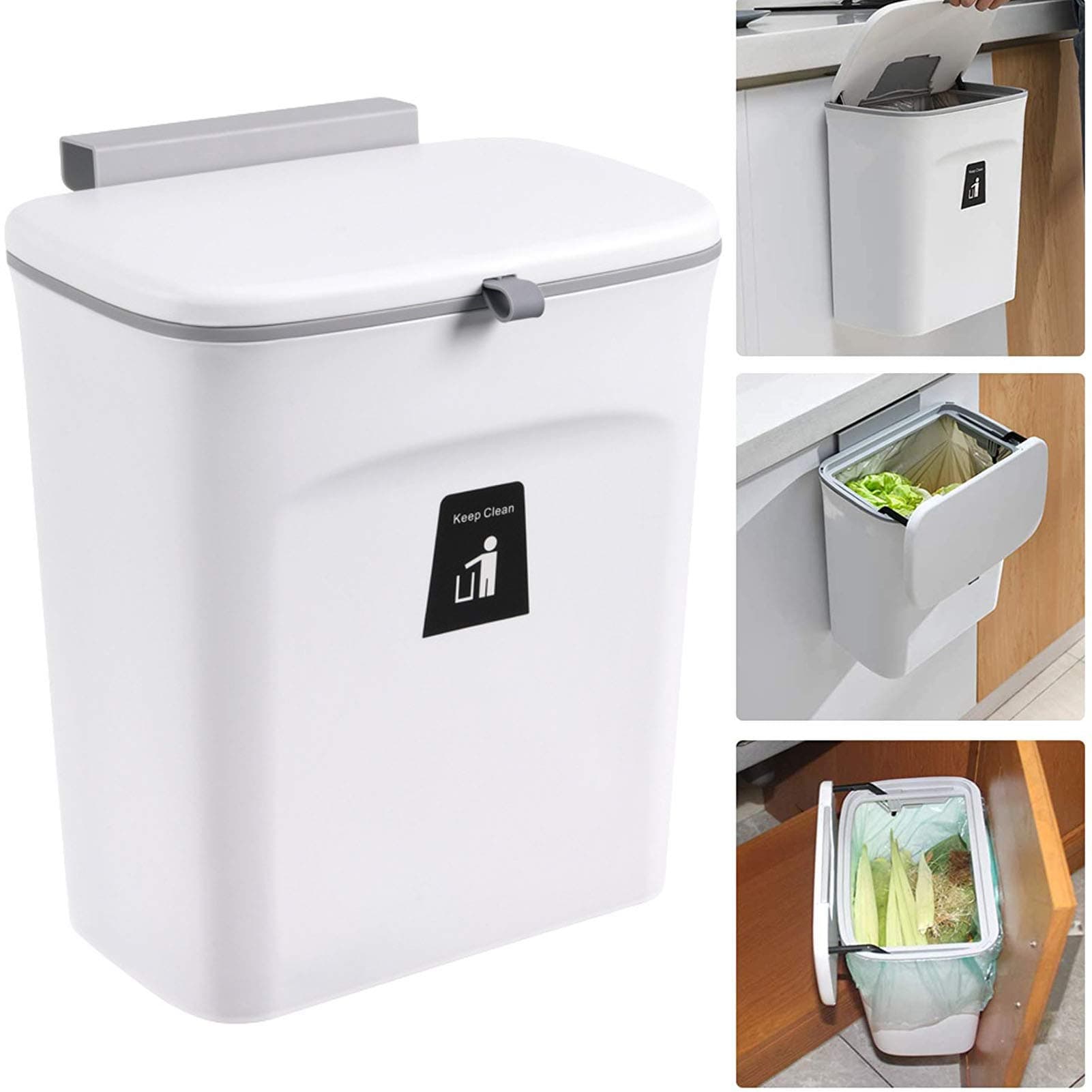 U HOOME U-HOOME 2.4 Gallon Hanging Trash Can for Kitchen Cabinet Door with Lid, Small Under Sink Garbage Can for Bathroom, Wall Mounted Counter Waste Compost Bin-White
