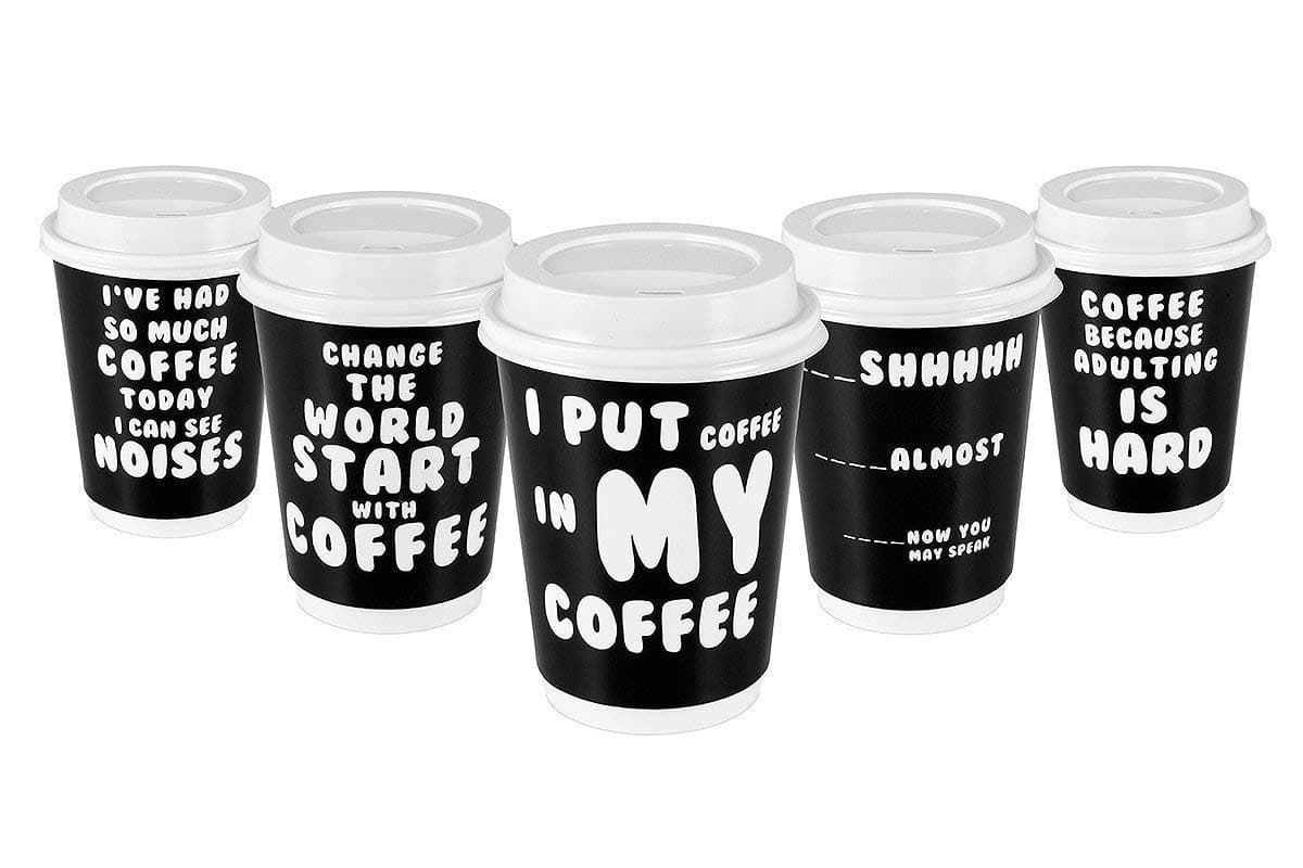 Premium 12oz Disposable Paper Coffee Cups With Lids (50ct) - 5 Fun Quotes in Each Pack - Make Your Own Coffee or Tea With These Paper Coffee Cups - Insulated Double Wall - No Need For Sleeves