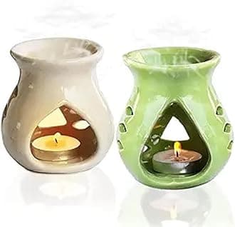Pure Source India Ceramic Oil Burner Aroma Diffuser Set of 2 (Green & Off-White)