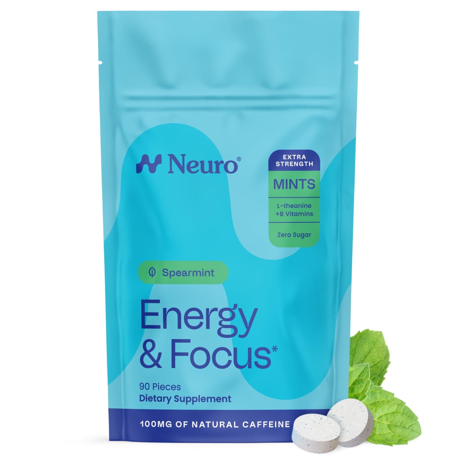 Energy & Focus Mints, Extra Strength - Sugar Free Breath Mints with 100mg Natural Caffeine, B Vitamins & L-Theanine - Vegan Brain Supplement for Exercise, Study & Daily Focus - Spearmint, 90 ct