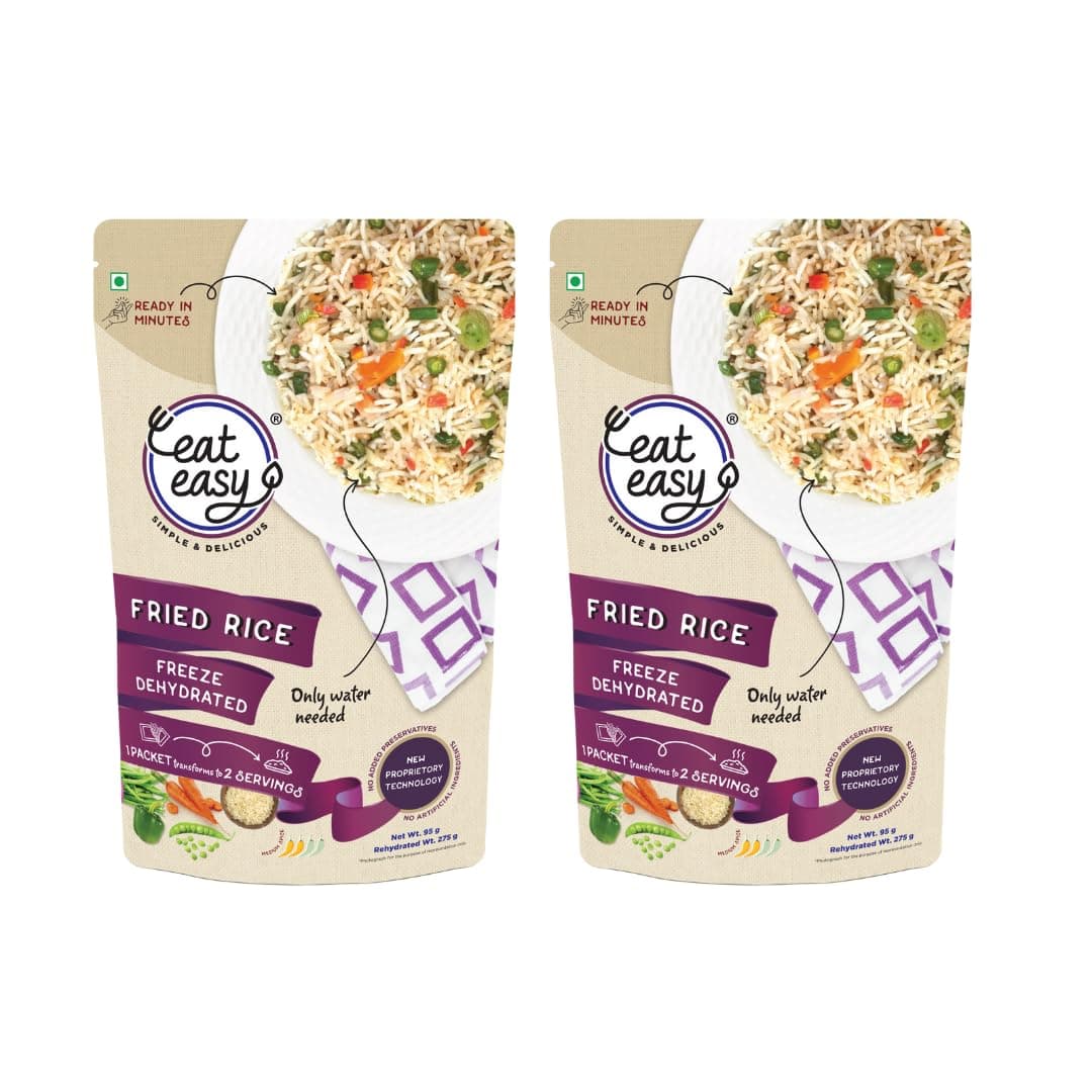 Eat Easy Ready To Eat Veg Fried Rice- 95gm (Pack of 2) | Instant Food, Indian Meal, Freeze Dehydrated, Travel Food, No Preservatives, No Added Artificial Colours & Flavours, Just Add Water and Cook